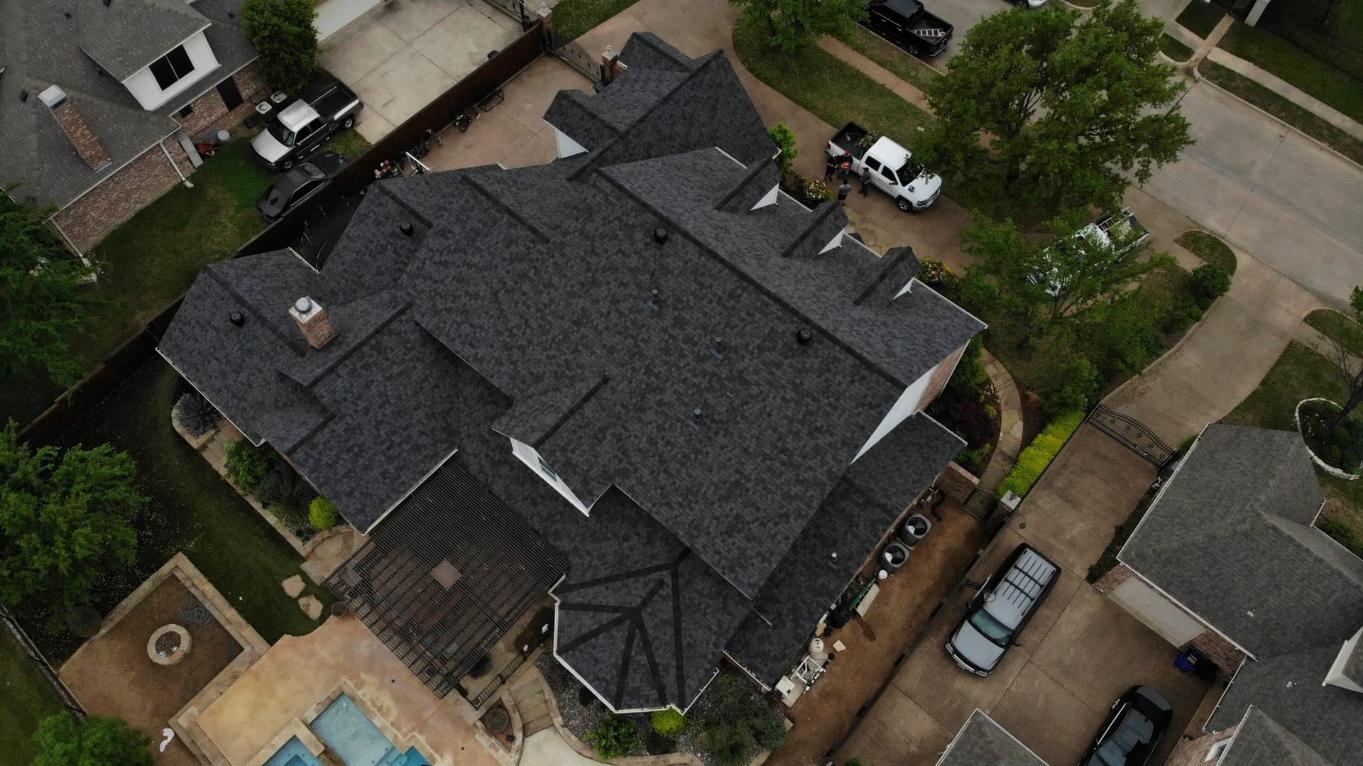 Aerial view of residential roofs in North Texas